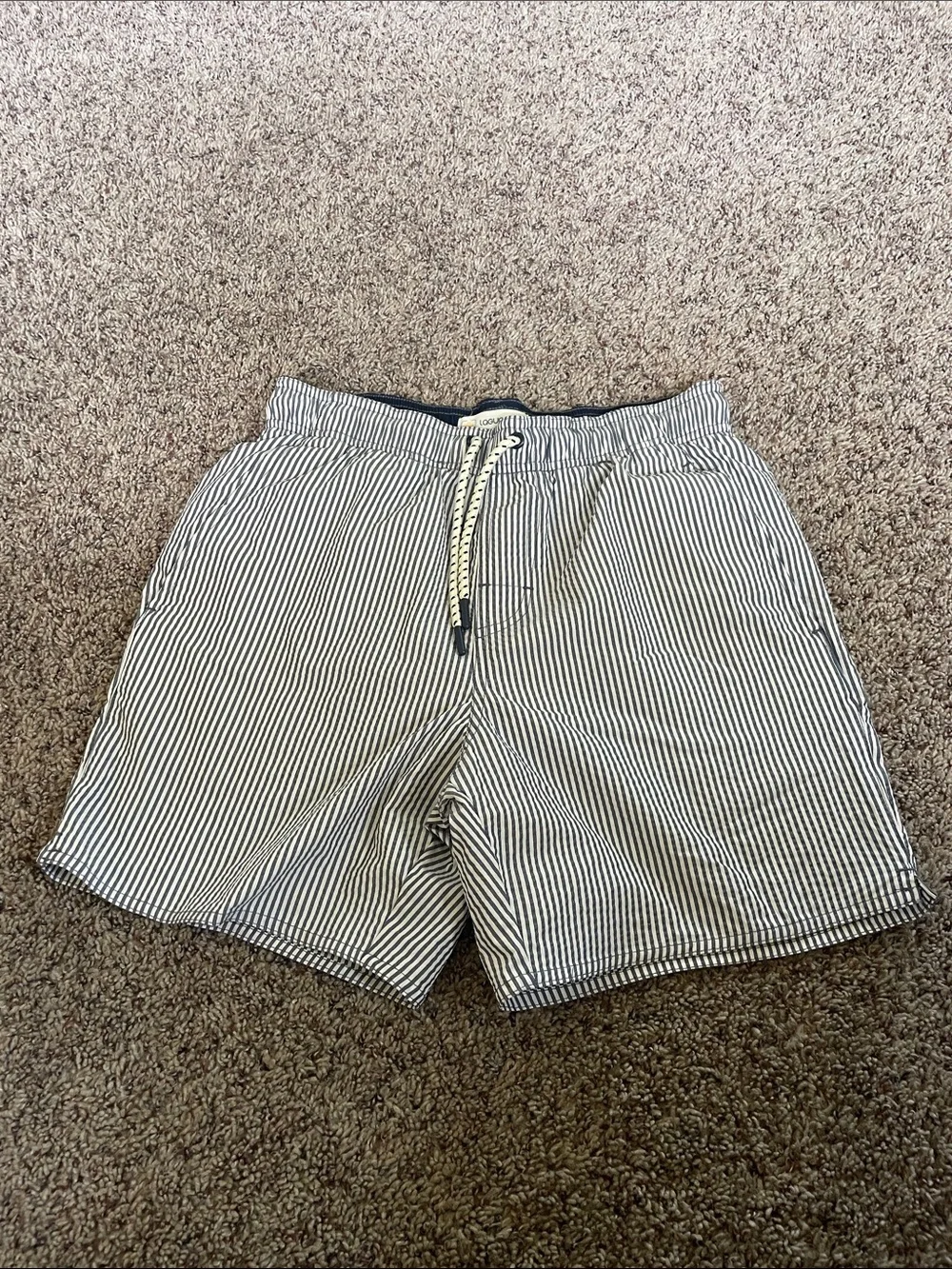 Laguna Swim. Men's S Navy & White Seersucker Stripe Drawstring Shorts